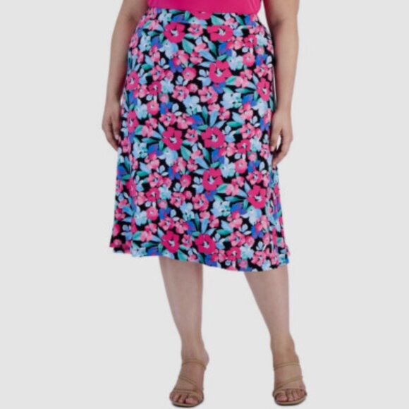 Kasper Dresses & Skirts - Kasper Pink Floral-Print Pull-On Flared Midi Skirt – Plus Size 3X